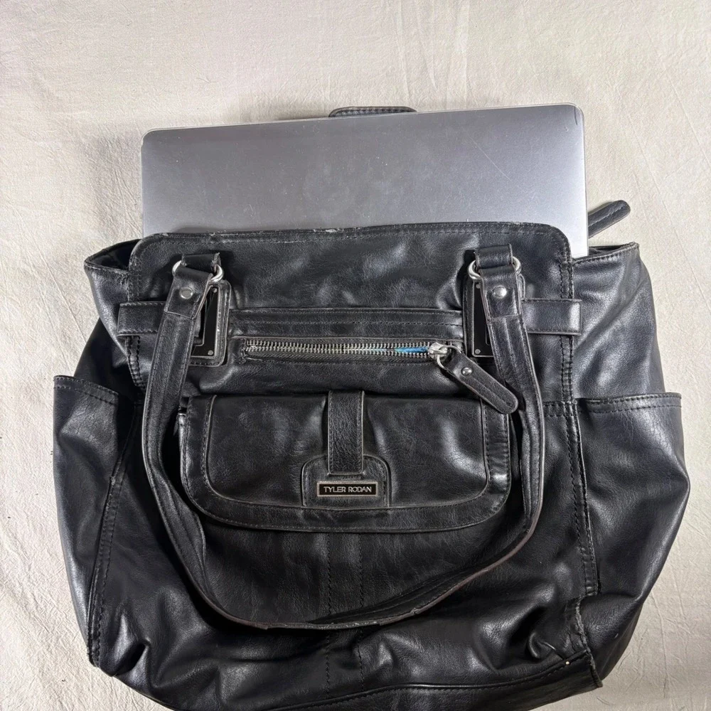 Tyler Rodan Black Faux Leather Tote Bag Floral Lining Multi Pocket Laptop Bag